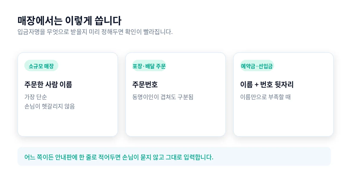 매장에서 입금자명을 정하는 세 가지 방식